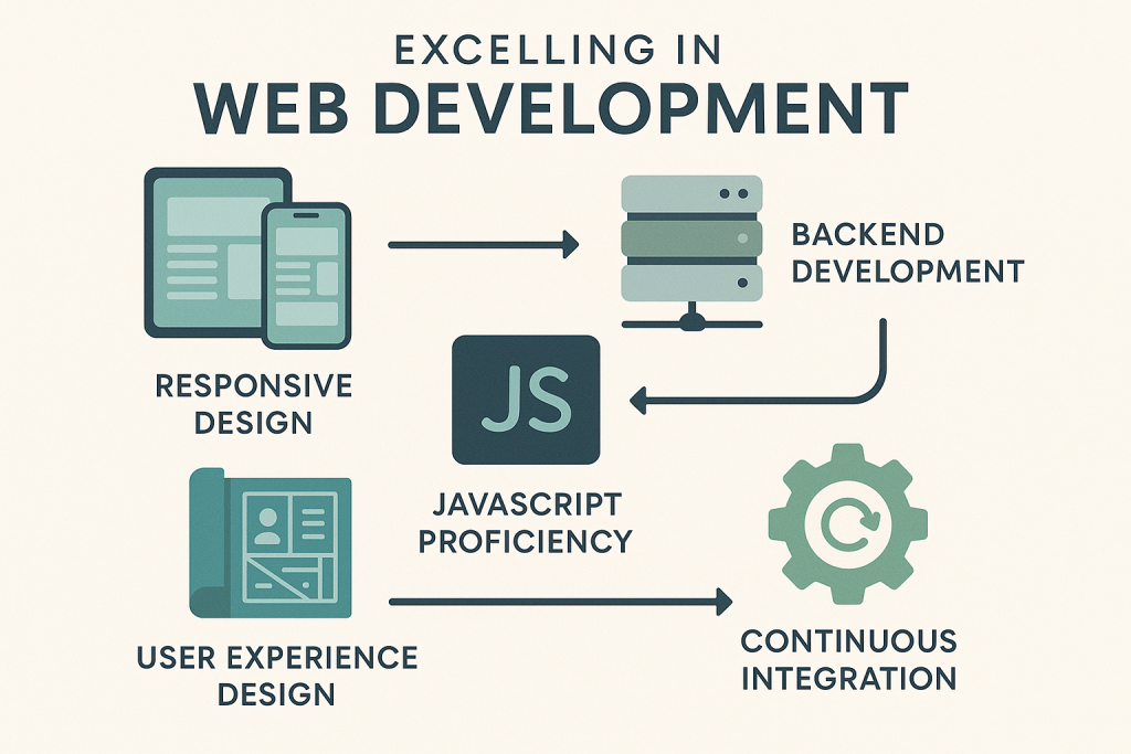 Infographic illustrating web development principles with icons for responsive design, backend development, JavaScript, user experience, and integration. Features smartphone, server, coding bracket, blueprint, and gear icons in soft blues, greens, and grays. Arrows guide logical skill progression.