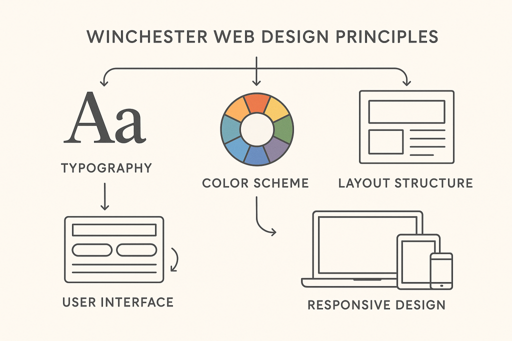 Infographic illustrating essential components of modern web design in Winchester, featuring typography, color scheme, layout structure, user interface, and responsive design with connecting lines. The design uses flat vector art and off-white background for clarity and educational purpose.